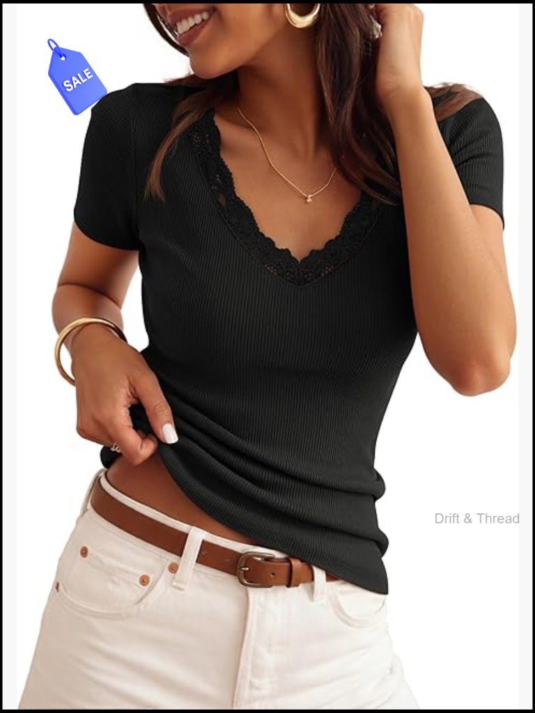 Short Sleeve Lace V Neck Fitted Tops Blouses Y2k Going Out